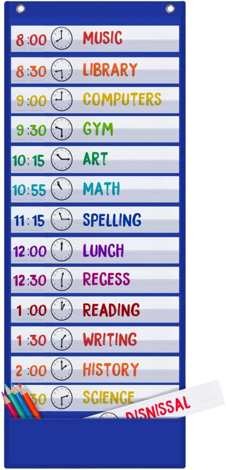 Godery Scheduling Pocket Chart, 13+1 Pockert, Daily Class Schedule Pocket Chart with 18 Dry-Eraser Cards, Ideal for Classroom Office School Home Used, Over-door Mount (Blue)
