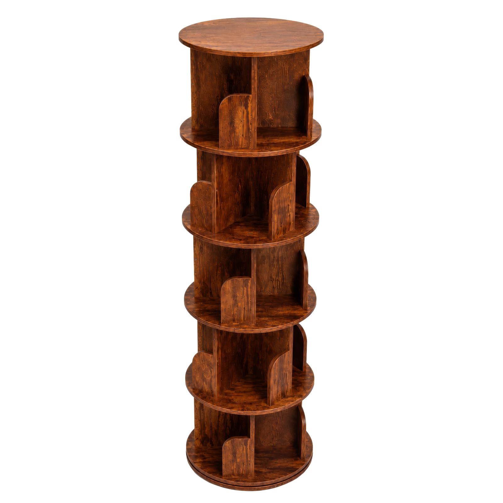 CROWNSHOP Wooden Rotating Bookshelf 3-Tier Pine Storage Shelf Spinning Bookshelf Natural Wood Color, O-Shaped Ball Bearing, Mortise & Tenon + Screw Assembly, 97x46cm (Brown 5Tier)