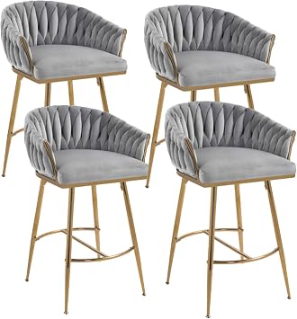 Barstools Set of 4, Counter Height Velvet Bar Stools, Modern Kitchen Island Counter Bar Stool with Hand Wave Back, Golden Base for Kitchen, Dinning Room, Bar, Hotel 4, Gray