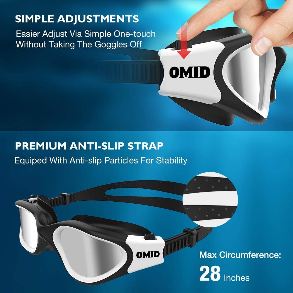 OMID Swim Goggles, Comfortable Polarized Swimming Goggles, Anti-Fog Leak Proof UV Protection Crystal Clear Vision Swim Goggles for Men Women Adult Youth (Silver)