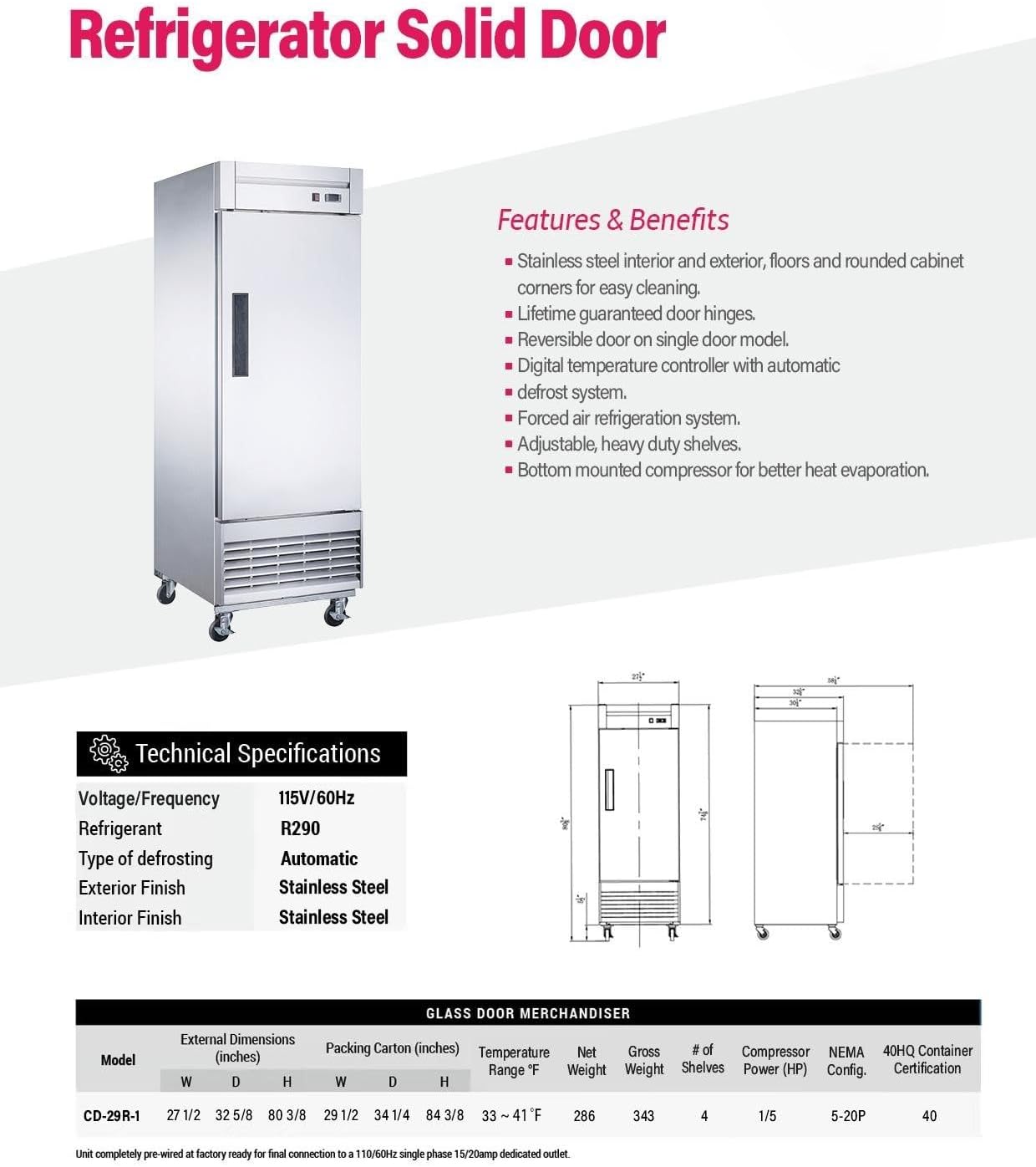 Commercial Reach-in Merchandiser Refrigerator, ETL Restaurant Upright under counter Stainless Steel Display Fridge Cooler, Fan Cooling Single Door 27" W 17.2 cu. ft. 33℉~40℉ 06881