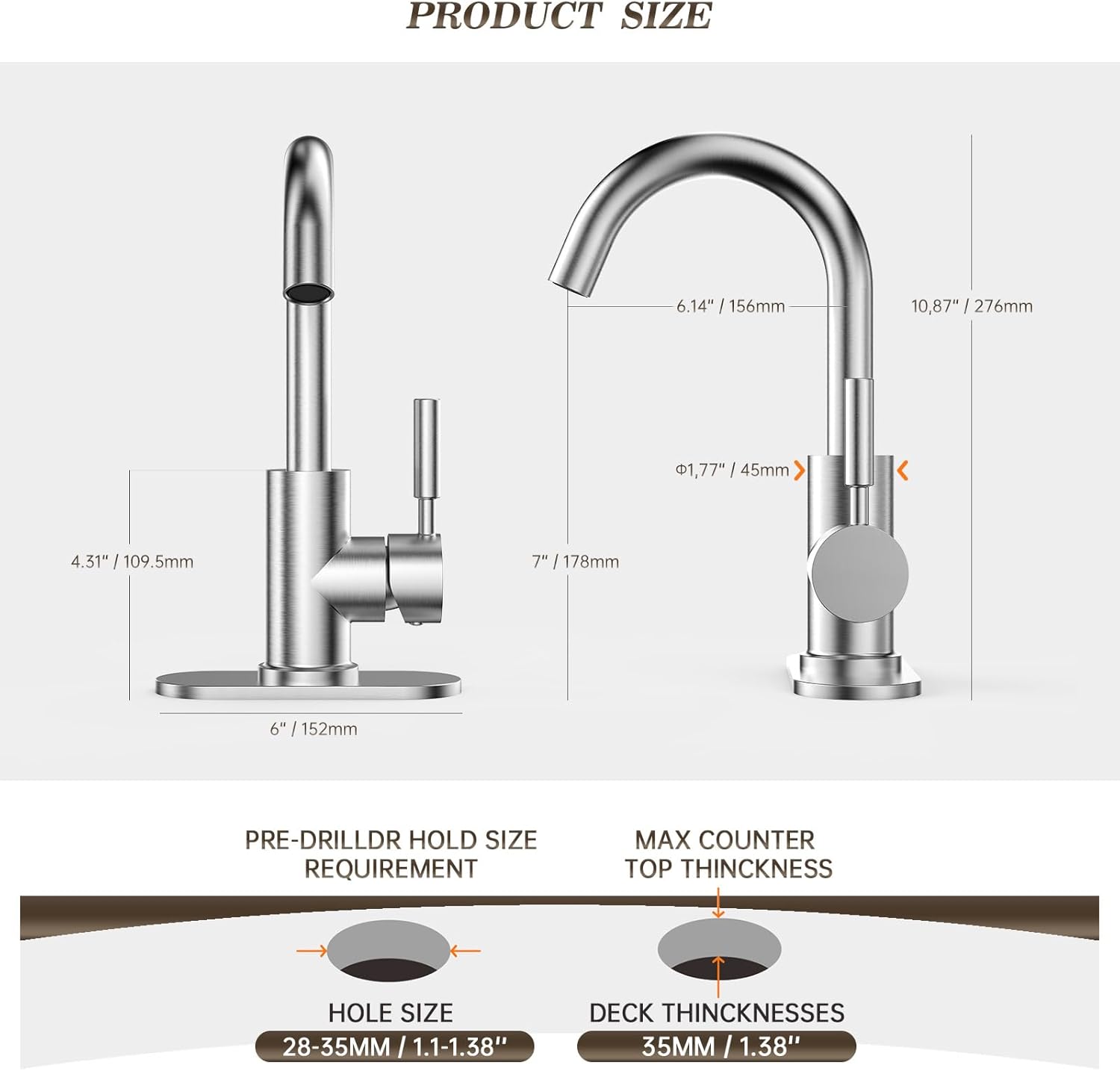 Phiestina Bathroom Sink Faucet,Single-Handle Bathroom Faucet with 4 Inch Deck Plate and Metal Drain, Fit for 1 or 3 Hole Installation, 360 Degree Rotation Spout, Brushed Nickel, WE08E-BN