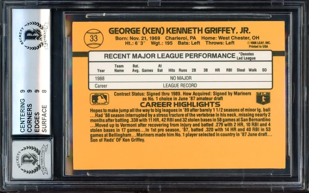 Ken Griffey Jr. Autographed 1989 Donruss Rated Rookie Card #33 Mariners BGS 8.5 Auto Grade Gem Mint 10 Beckett BAS #14727799