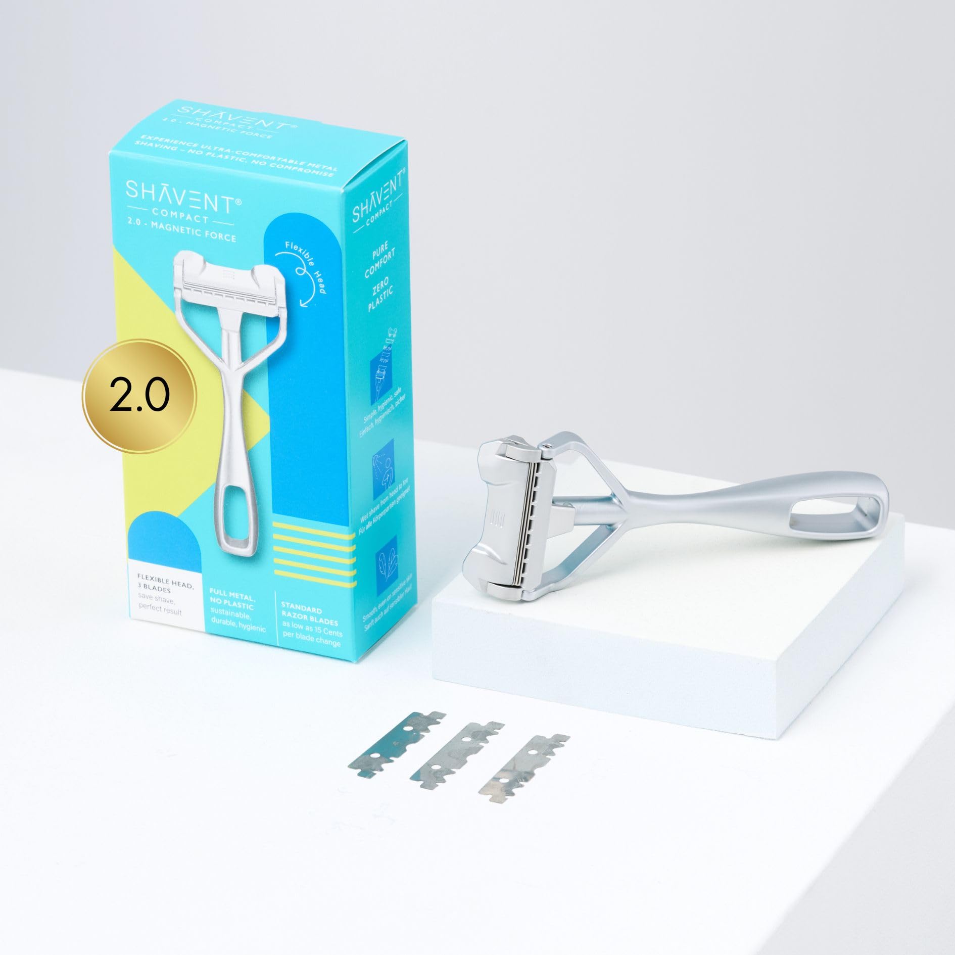 SHAVENT Compact 2.0 Schwingkopf-Rasierer, Damen Nassrasierer, Sanft & Sicher, Rasierer für Beine, Intimrasur, Bikinzone, Plastikfrei, Nachhaltig, Langlebig, Made in DE, Magnetischer Schwingkopf