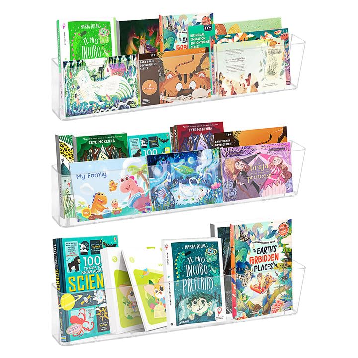 Juego de 3 estanterías de pared acrílicas transparentes de 45 x 4,9 x 9 cm, sin taladro, estantes flotantes, almacenamiento moderno de pared para libros y revistas infantiles, decoración elegante del