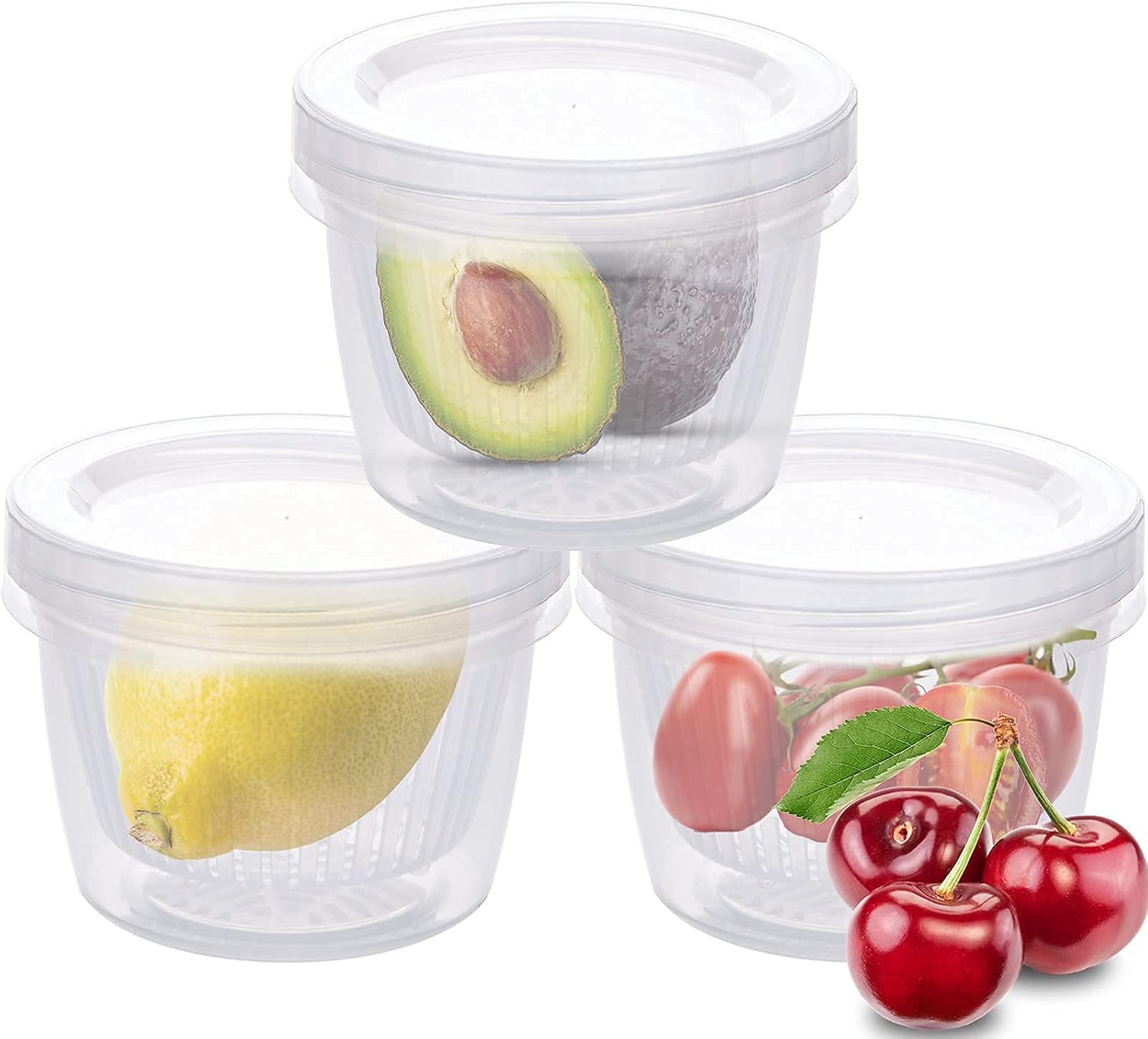 Food Fruit Vegetable Storage Container, (3-Pack) Avocado Lemon Tomato Chili Onion Keeper/Saver/Holder with Removable Drain Plate+Lids, Stackable Portable Freezer kitchen Organization Gadgets
