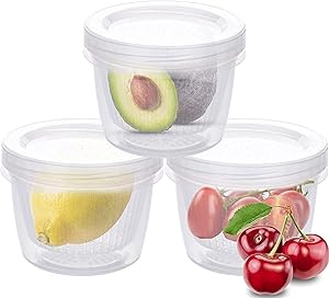 Food Fruit Vegetable Storage Container, (3-Pack) Avocado Lemon Tomato Chili Onion Keeper/Saver/Holder with Removable Drain Plate+Lids, Stackable Portable Freezer kitchen Organization Gadgets