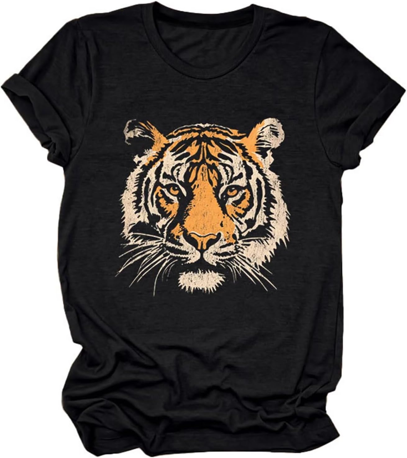 Tiger Printed T-Shirt Women Cute Animal Tiger Face Graphic Novelty Casual Comfort Crewneck Short Sleeve Tops