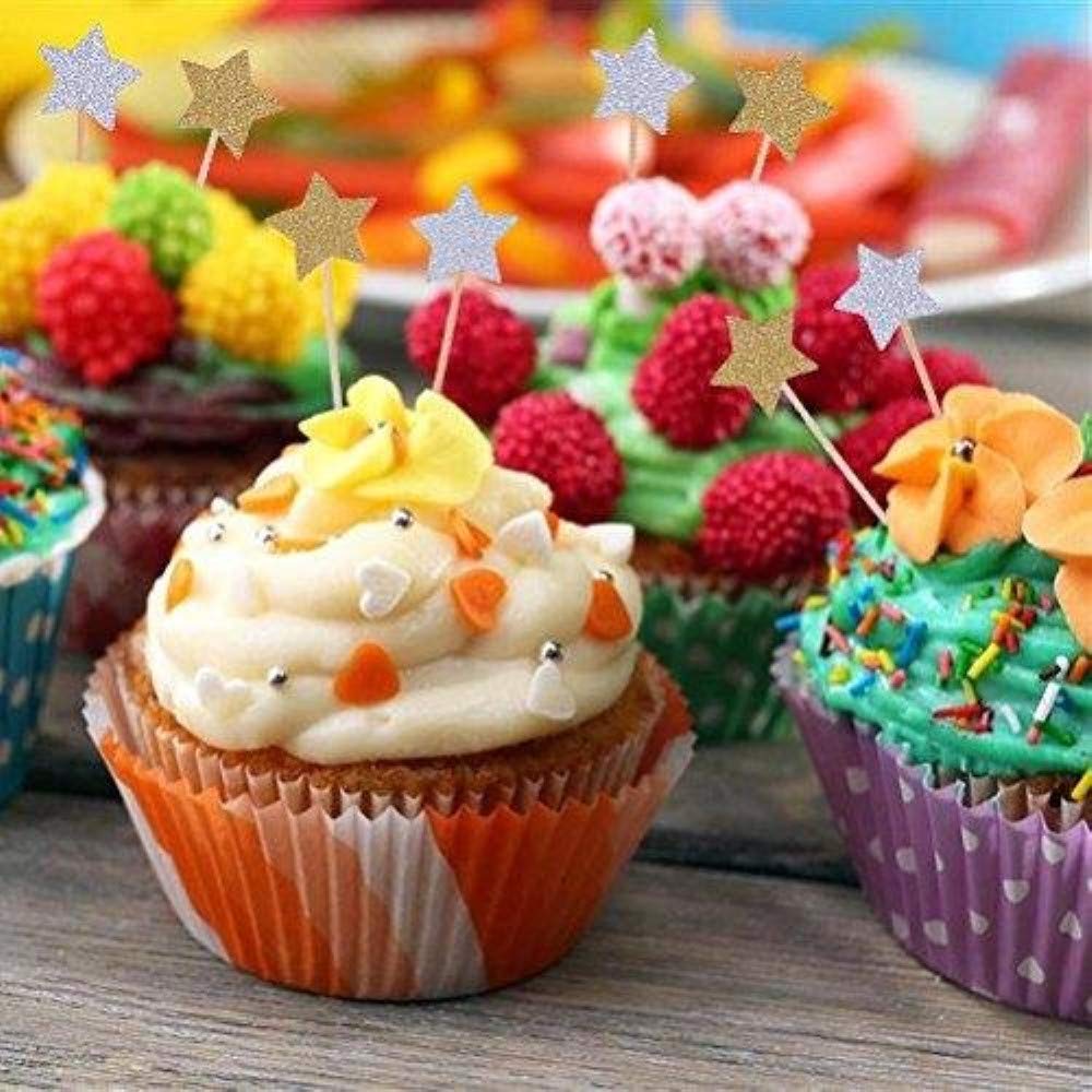 ZARRS Cake Decorations, 50 Pieces Star Cupcake Toppers for Weddings, Birthdays, Parties, Fruit Pictures, Food, Magic Wand, Gold, 9.2 cm