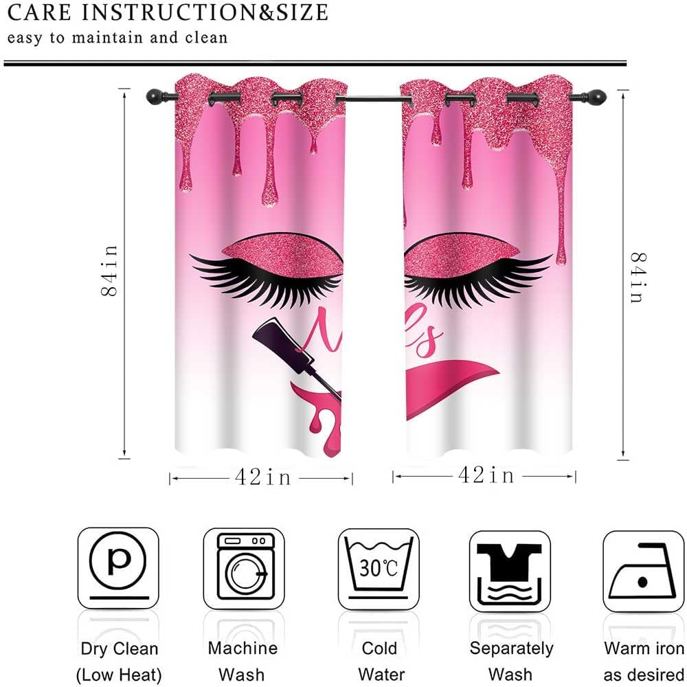 Manicure Salon Curtains, Hello Gorgeous Pink Eyes Lips Beauty Salon Curtain, Unique Cute Window Curtain for Girl's Bedroom, Blackout Window Drapes for Living Room, 42x84 Inch 2 Panels