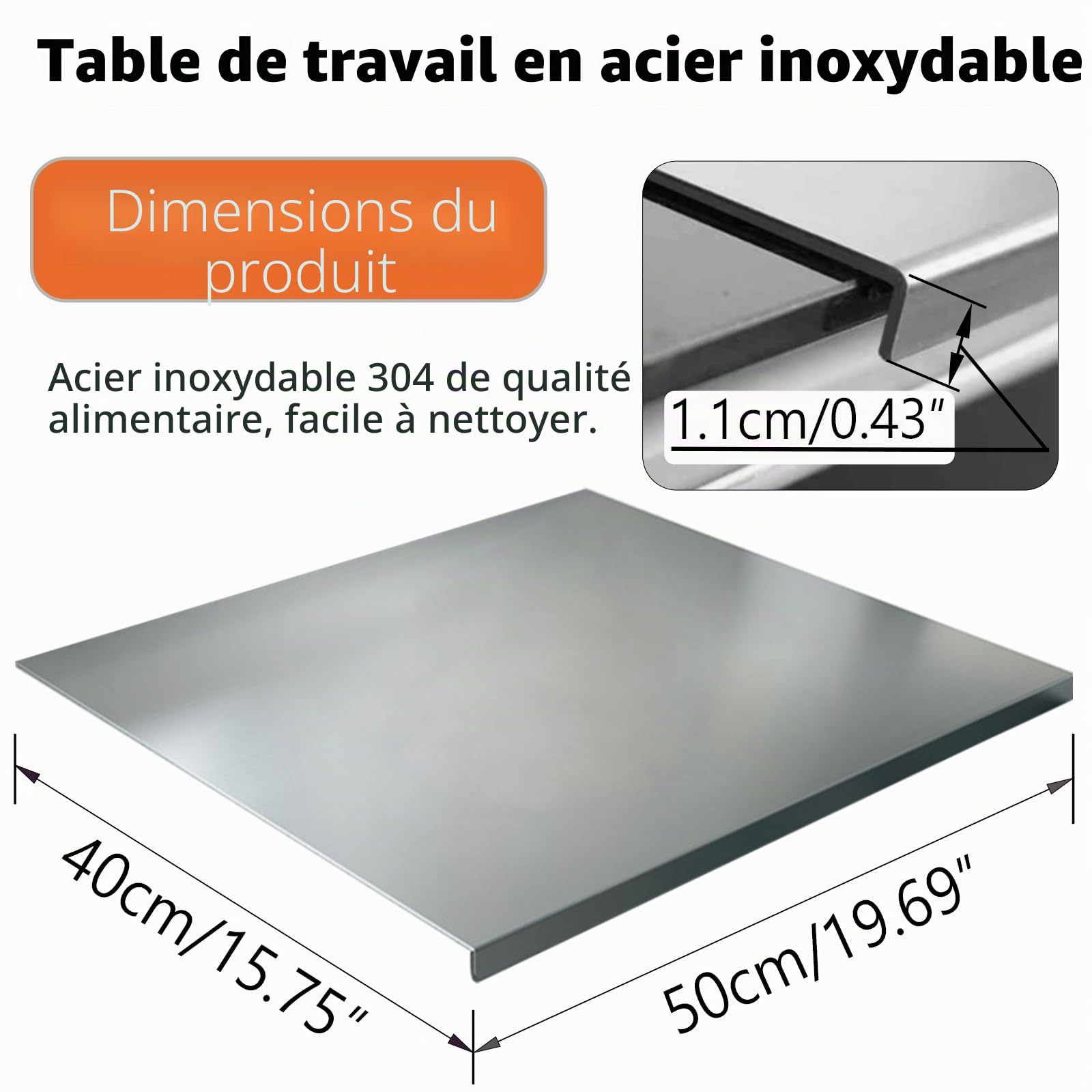 Plaque Inox Cuisine 50 x 40 cm Planche à Découper en Acier Inoxydable,Plan de Travail Inox Antibactérienne pour Cuisine,Bar,Restaurant,Plan de Travail Inox pour Pizza,Pain,Gâteaux