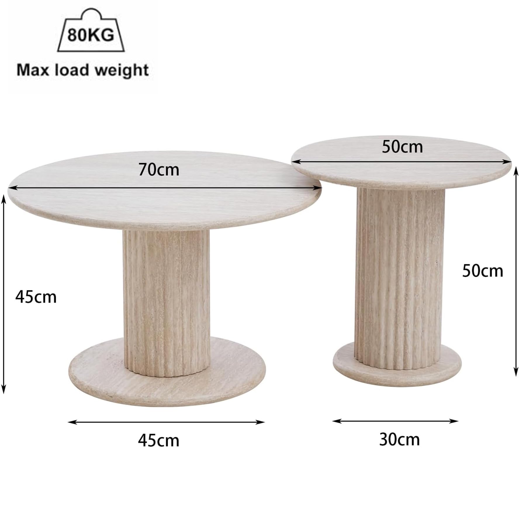 Stücke Beistelltisch 2er Set,Couchtisch rund Set,Couchtisch Moderner, Gelbem Travertin,Kaffeetisch mit römischer Säulenbasis für Wohnzimmer, Balkon, Schlafzimmer