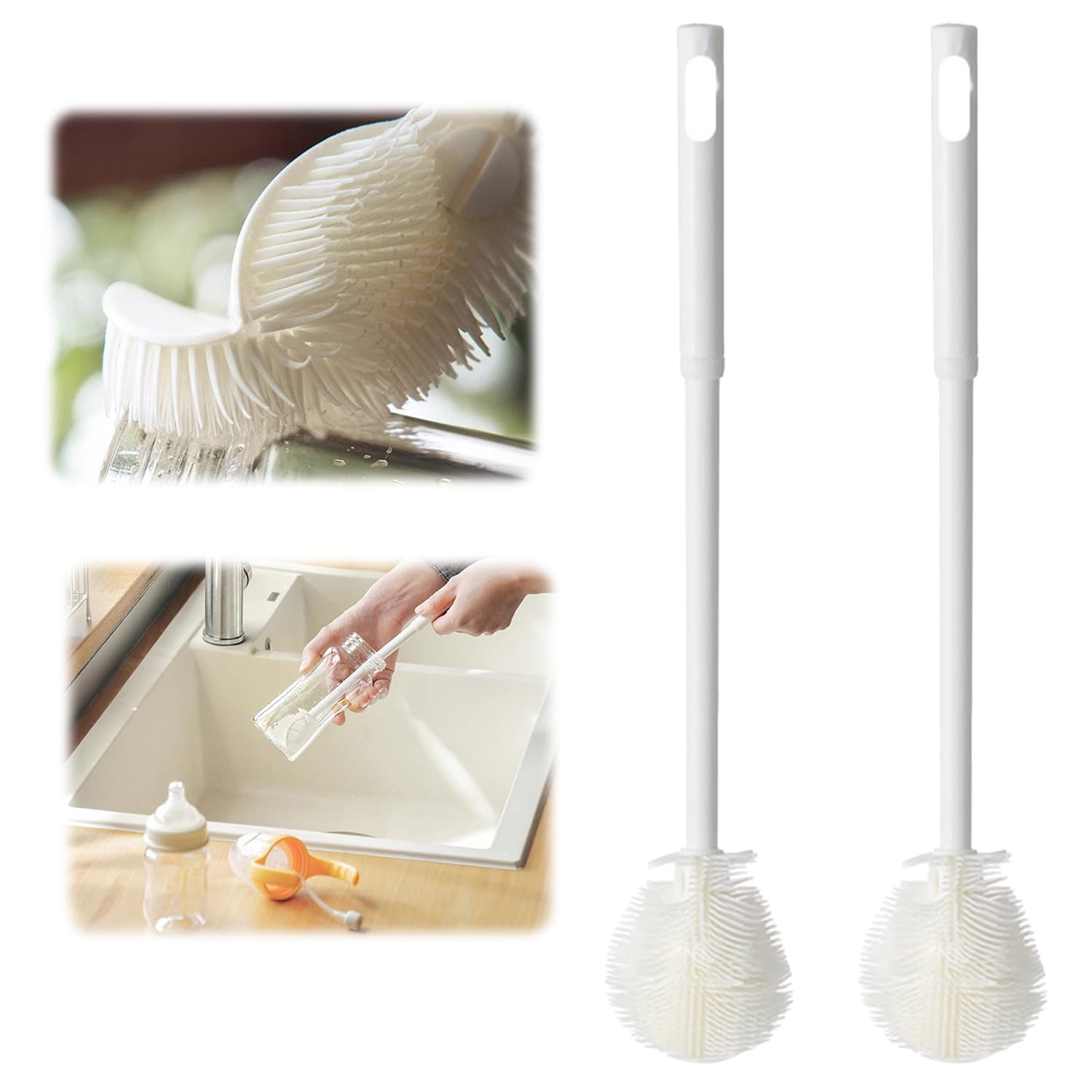 Bottle Cleaner Brush, 360° Flexible Silicone Bottle Brush with Long Handle, Soft Bendable Bottle Cleaning Brush for Narrow Neck Bottles, Cups, Glassware, Tumblers, Thermoses & Baby Bottles (2pcs)