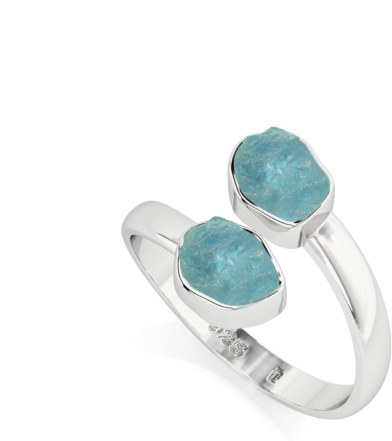 Natural Raw/Rough Aquamarine 2 Stone Size Adjustable Stackable Twister Ring for Women in Sterling Silver, March Birthstone Jewelry Gifts for Her (Bezel-Set)