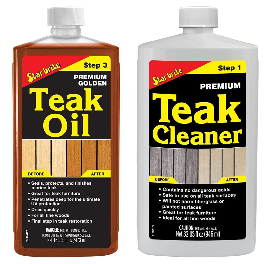 STAR BRITE Premium Golden Teak Oil - Sealer, Preserver &amp; Finish &amp; Other Fine Woods - 16 OZ &amp; Premium Teak Cleaner - Restore, Renew &amp; Refresh Old Weathered Gray Teak Furniture &amp; Other Fine Woods