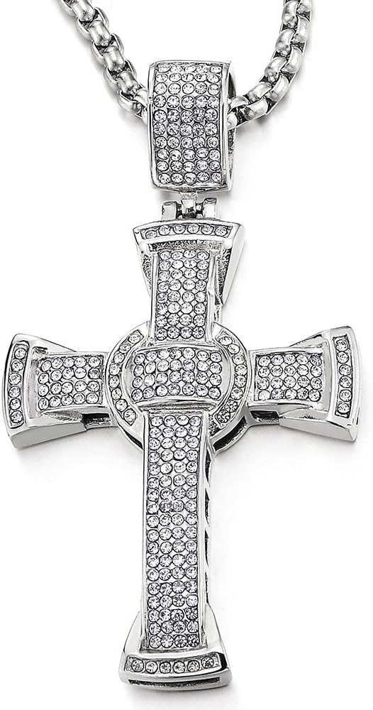 COOLSTEELANDBEYOND Mens Women Large Steel Cross Pendant Necklace with Cubic Zirconia and 30 inches Rope Chain