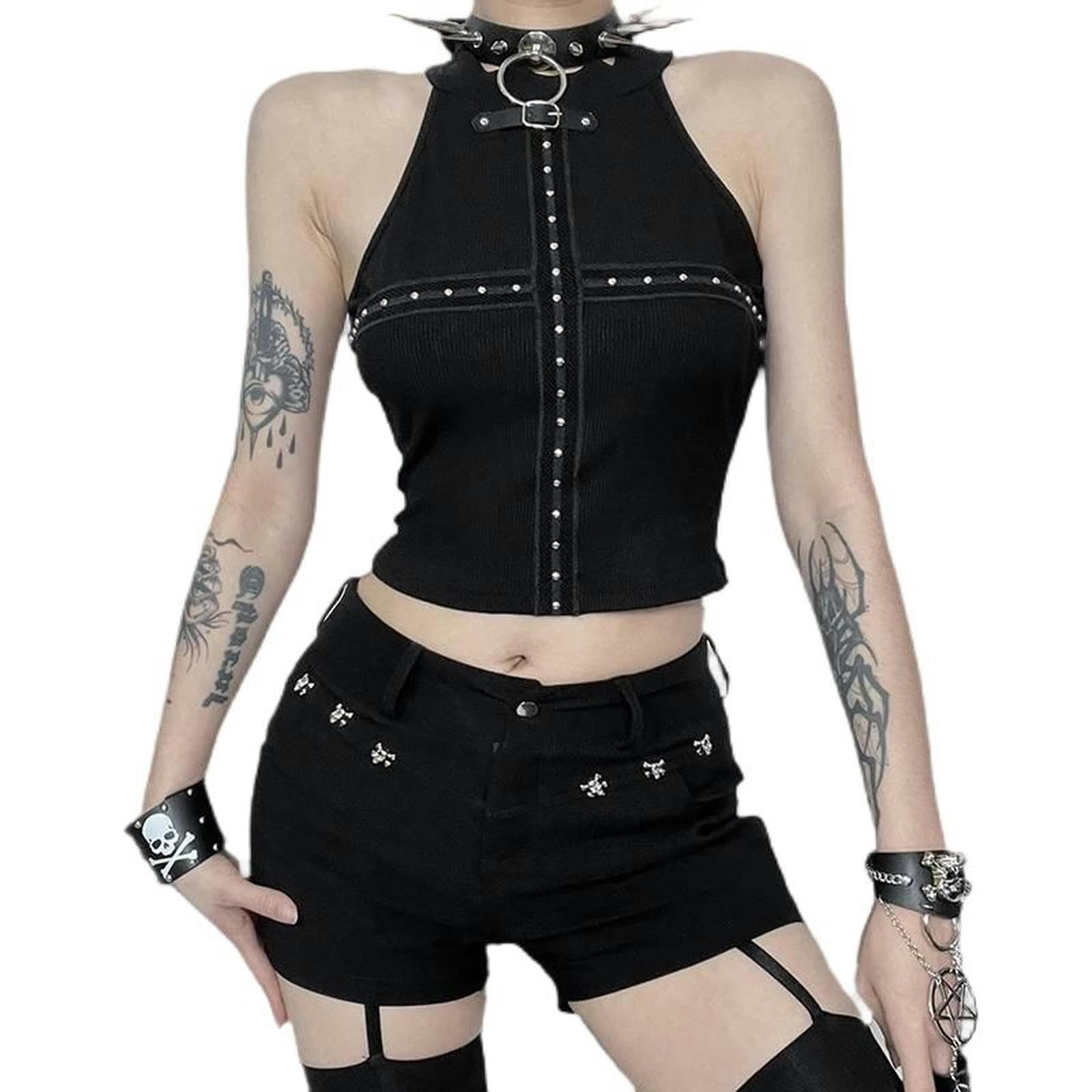 Débardeur Punk Noir Streetwear Tricot Été Ténèbres Réservoirs Femmes Hauts sans Manches-Noir-M