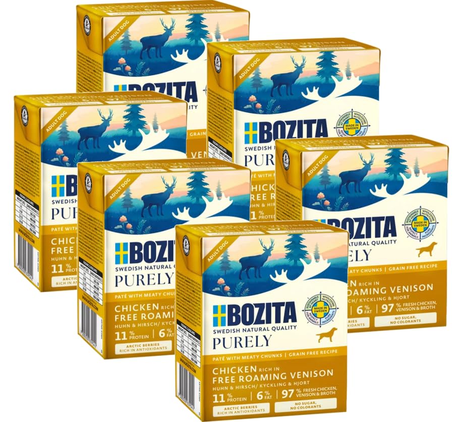 Bozita Purely 6 x 370g Huhn & Hirsch im Tetra | Getreidefreies Nassfutter für Hunde | Sehr Hoher Fleischanteil | mit Fleischstückchen | ohne Zucker & ohne künstliche Farbstoffe