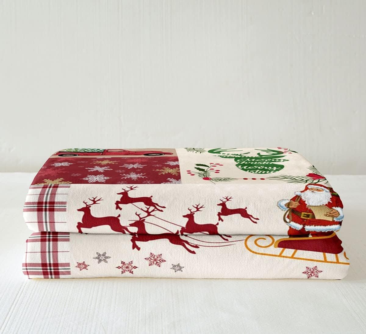 Homewish Weihnachtsdecke 150x200, Weihnachtsbaum Weihnachtsmann Hirsch Fleece Rot Büffelkaro, Winter Urlaub Sherpa Schneeflocke Dekor, Rot Grün