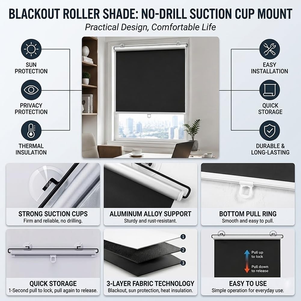 Générique Store Enrouleur Occultant Protection Solaire 45x120cm 50x200cm Store À Rouleau Pare-Soleil Fenêtres Temporaire sans Perçage Rideau D'ombrage avec Ventouses pour Voiture Chambre(75x110cm)