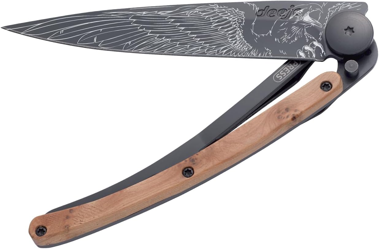 deejo - 37G Folding Pocket Knife with Belt Clip - Eagle Design, 3.7-Inch Stainless Steel Blade, Black Titanium Finish, Juniper Wood Handle - Lightweight Everyday Carry for Home, Work, and Outdoor Use