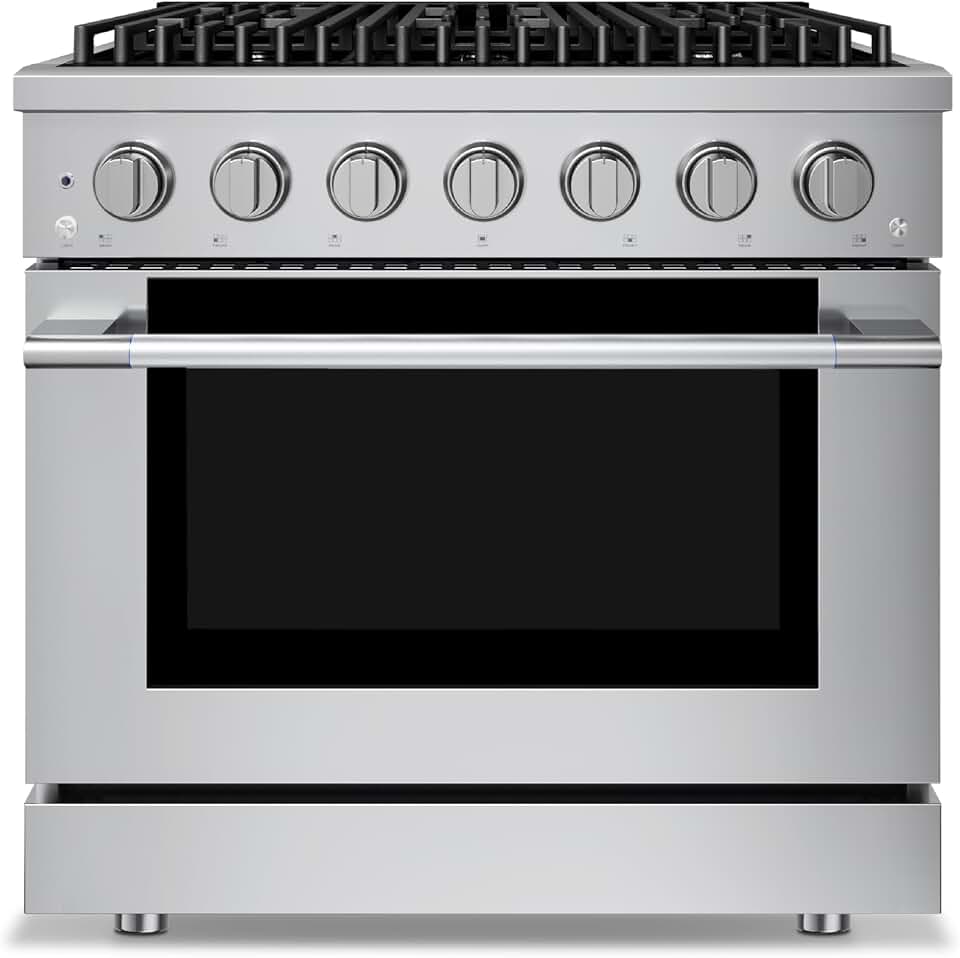 Hauslane 36" Gas Range in Stainless Steel, 6 Burners up to 20,000 BTU 5.2 cu. ft., Convection Oven with 5 Rack Positions, 5-Year Warranty, Convertible NG/LP Cool-Touch Triple-Layer Door