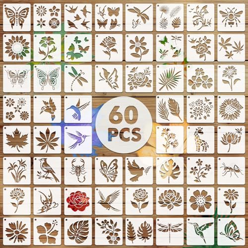 EAPIKON 60 Pochoirs de Peinture de Fleurs Oiseaux Réutilisable, Petit Modèles de Dessin de Végétaux et Animaux pour Bois Toile Cartes Scrapbooking Bricolage, Painting Stencils Décoration Art Murale