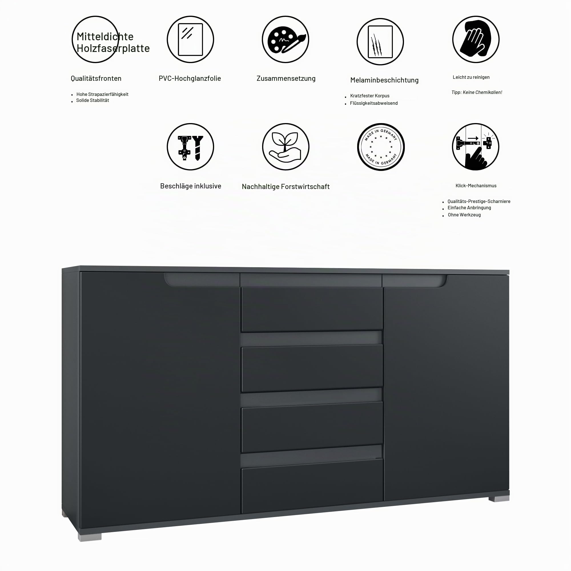 Vladon Sideboard Sylt V1, Kommode mit 2 Türen und 4 Schubladen, Korpus - Anthrazit matt/Front - Eiche sägerau/Absetzung - Schwarz Hochglanz (138,5 x 75,5 x 35 cm)