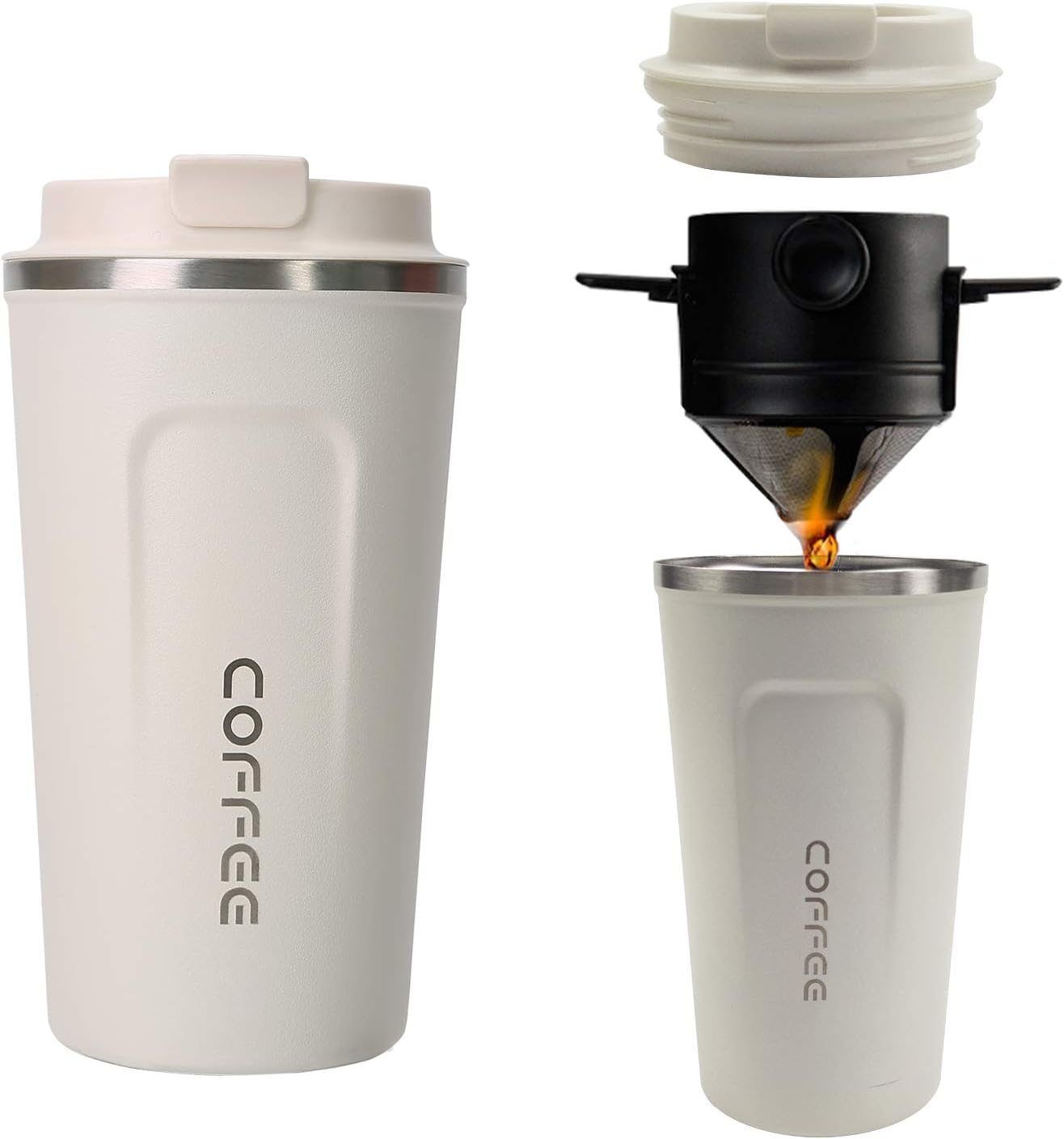🔥 Crazy Deals DUEBEL 18 oz Stainless Steel Coffee Mug with Filter Double Wall Tumbler Portable Coffee Cups Lid Leak Proof Coffee Travel Mug Car Thermos Gift for Men Women, 6H Hot 12H Cold (Ivory+Filter)