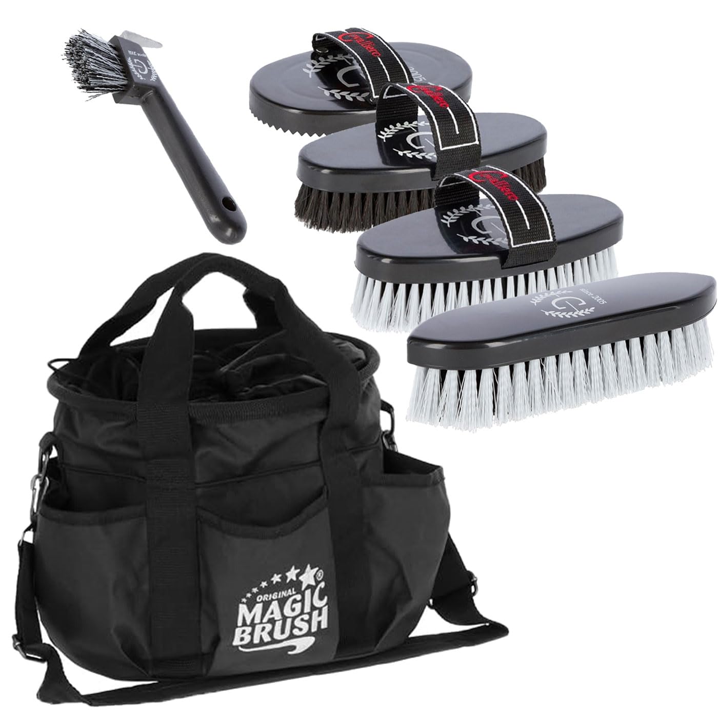 Covalliero Pferde Pflegeset mit Putztasche | 5-teiliges Putzset inkl. Kardätsche, Striegel, Mähnenbürste, Hufkratzer & Fellbürste