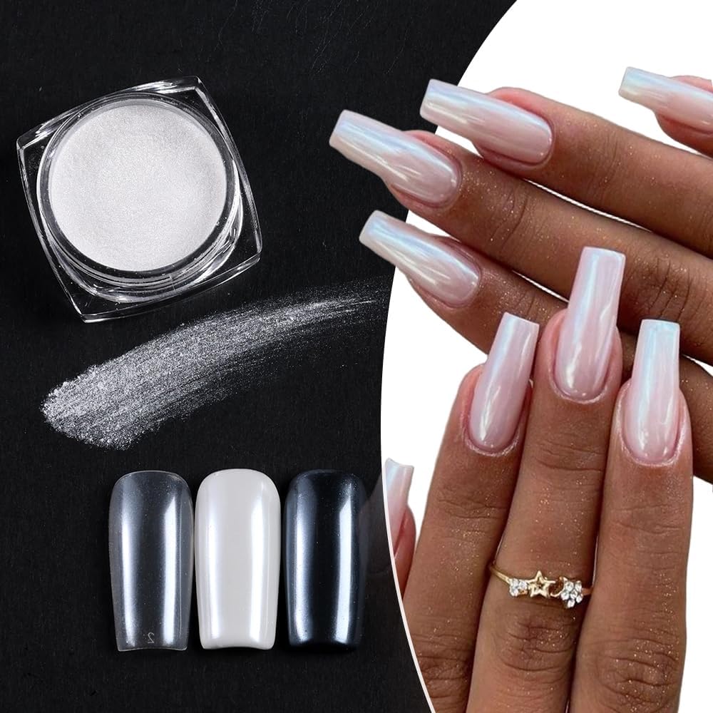 Aurora Chrome Nail Powder Set 6 Jars Iridescent Mermaid Chrome Powder for Nails White Pearl Moonlight Mirror Effect Pigment Nail Glitter Rubbing Dust Shimmer Powder for DIY Nail Art Decoration