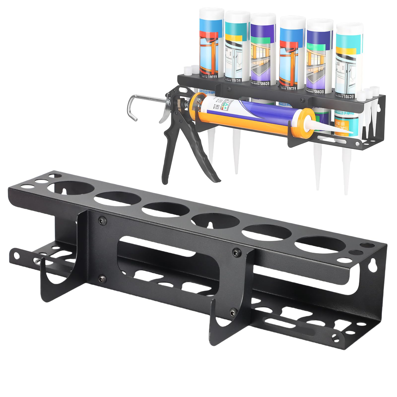 Caulking Gun and Tube Holder,Wall Mounted Hand Caulk Tools Storage Rack,Holds 6 Tubes and Caulking Nozzle,Organizer for Workshop, Shop, Garage