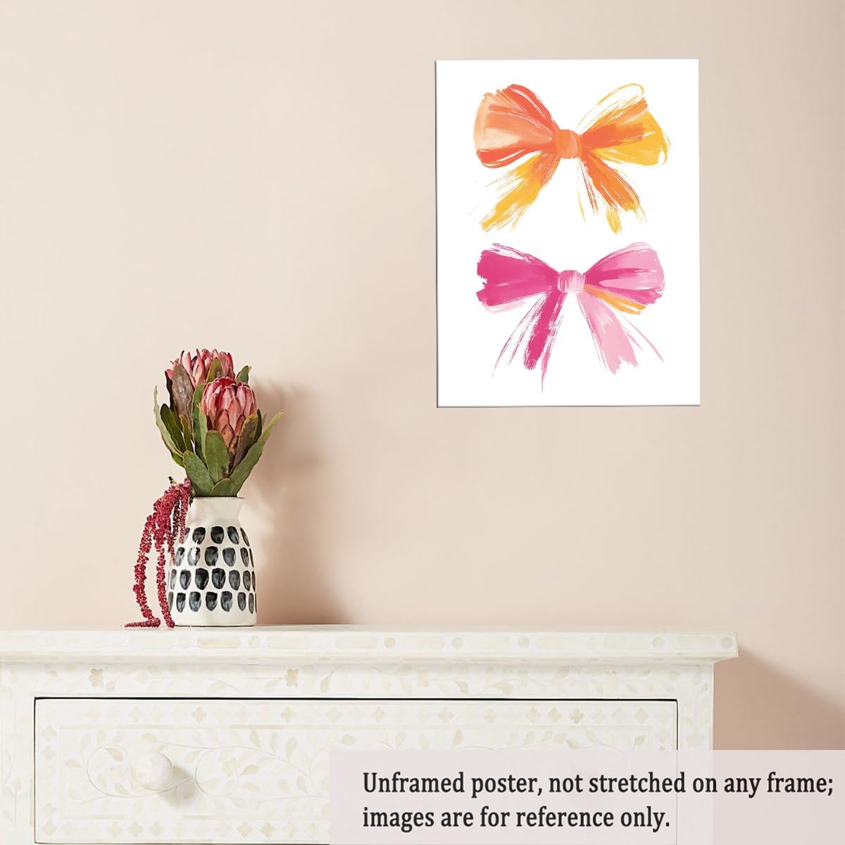 Pink and Orange Bow Canvas Wall Art Preppy Girly Posters for Trendy Preppy Dorm Room Girls Bedroom Nursery Cute Pastel Brushstroke Print Aesthetic Wall Decor Poster 20x30in Unframed