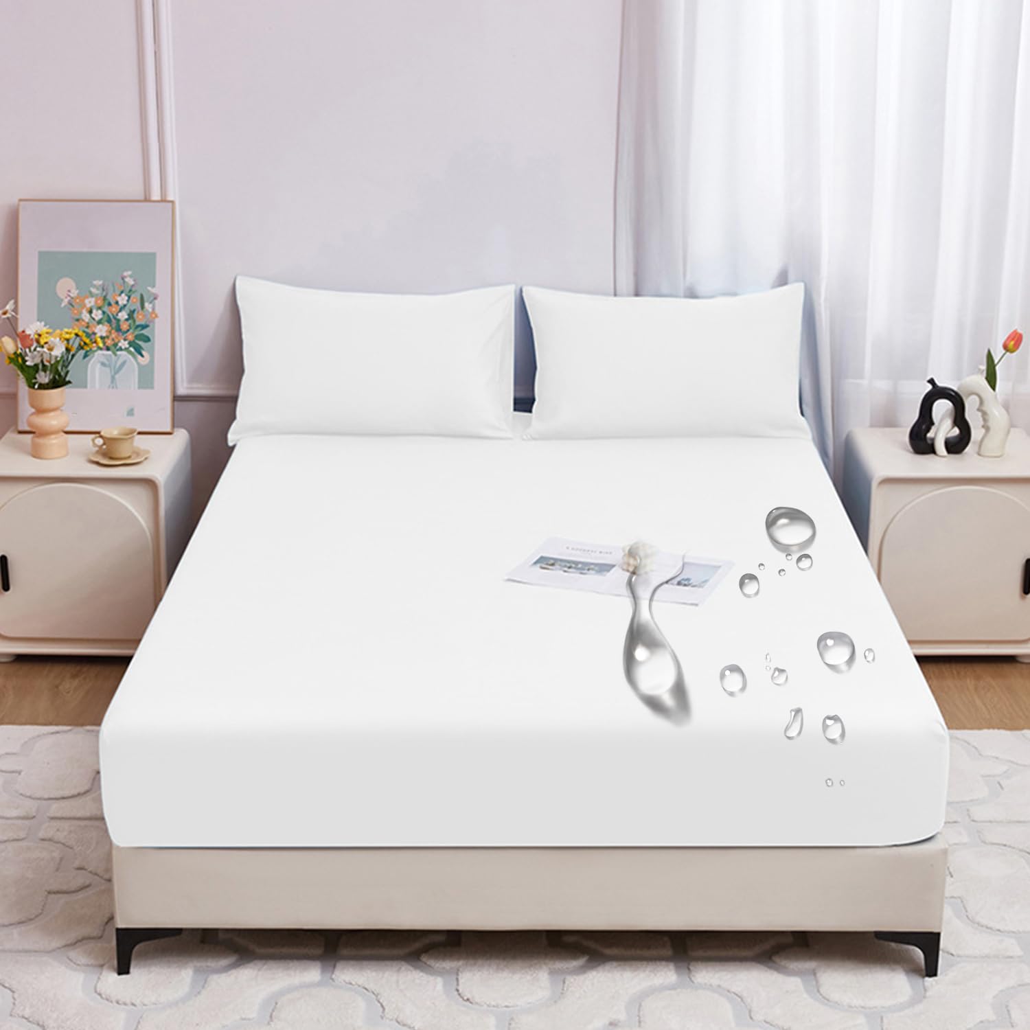 LDLCYCN ,white,150 * 200cm, 100% Waterproof Mattress Protector Cover Queen King Bed Cover Fitted Sheet