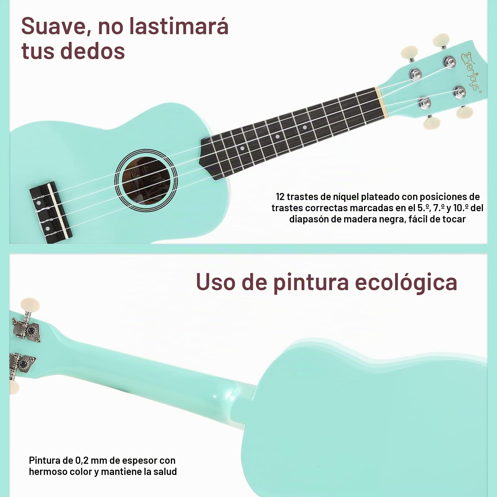 Everjoys Kit de ukelele soprano para principiantes, para niños, adultos, estudiantes, 21 pulgadas, correa de repuesto, cuerda de repuesto, paño de pulido, púas de cancionero (verde brillante) | Para adultos, bolsa de concierto, púas, paño de pulido de cor