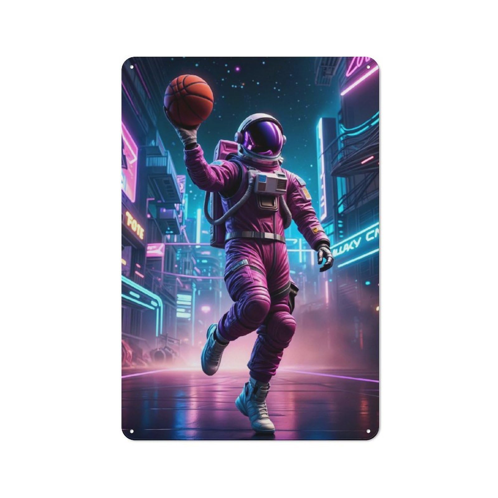 Junmoney Basketball Neon Astronaut Workshop Style Tin Sign 30X20cm, Workshop Wall Decor For Tool Room, Garage, Studio Or Home Bar