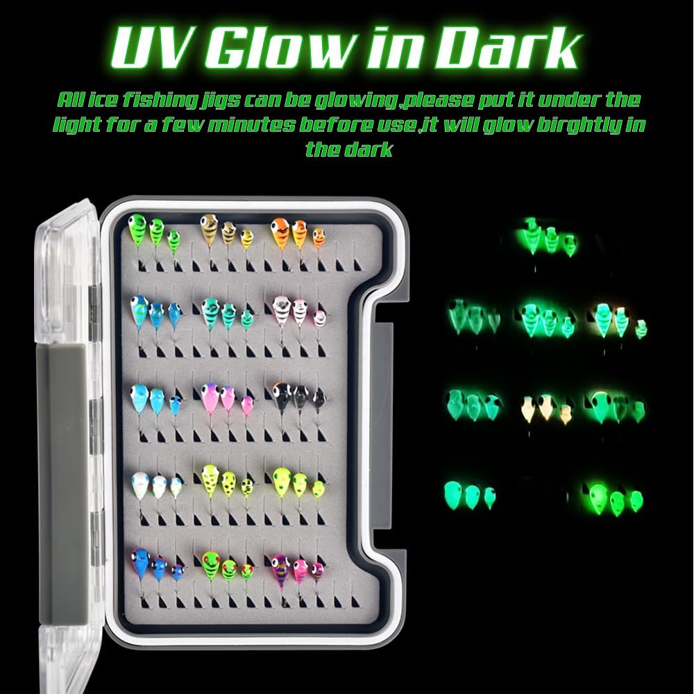 Tungsten Ice Fishing Jigs Kit - 15/21/45pcs Effective Glow Lures for Crappie, Panfish, Walleye