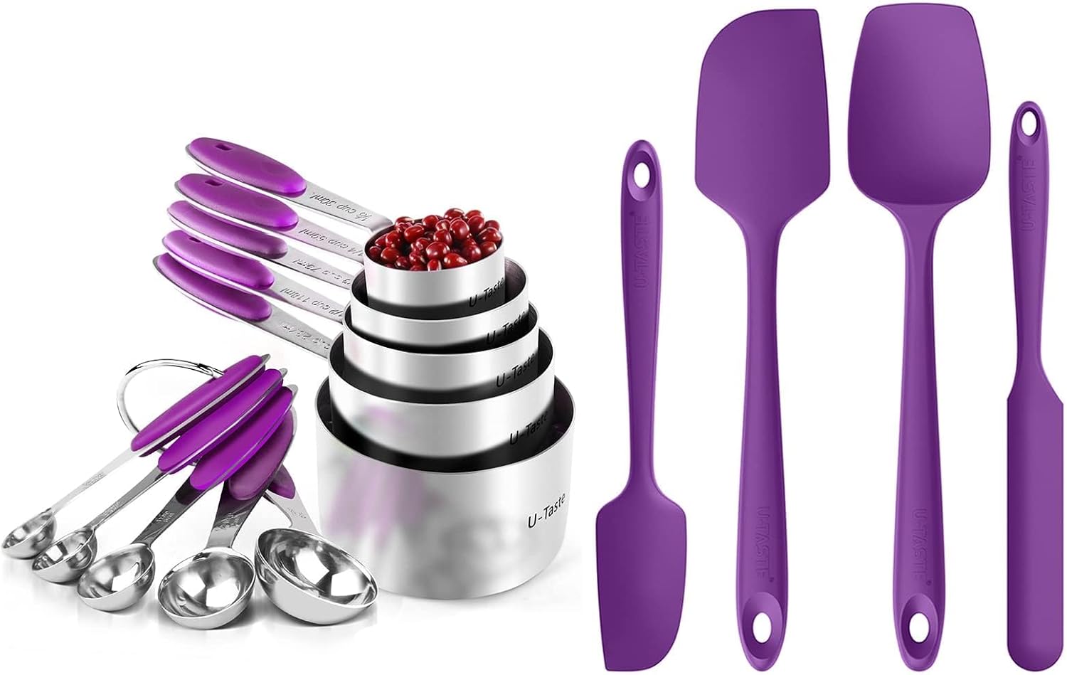 U-Taste 10 Piece Measuring Cups and Spoons Set in 18/8 Stainless Steel, and Upgraded 600ºF High Resistant Flexible and Sturdy Silicone Spatula Set of 4 (Purple)