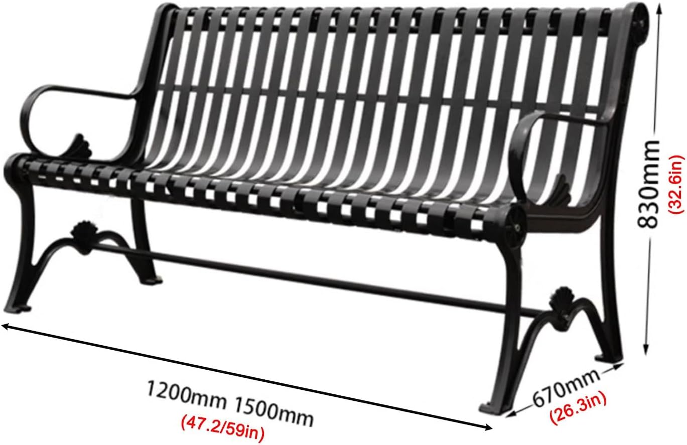 Outdoor Benches, Garden Bench, Metal Bench, Patio Outdoor Garden Bench, Steel Frame Bench with Backrest and Armrests, for Patio, Park, Porch, Yard, Lawn, Black(120cm/47.2in)