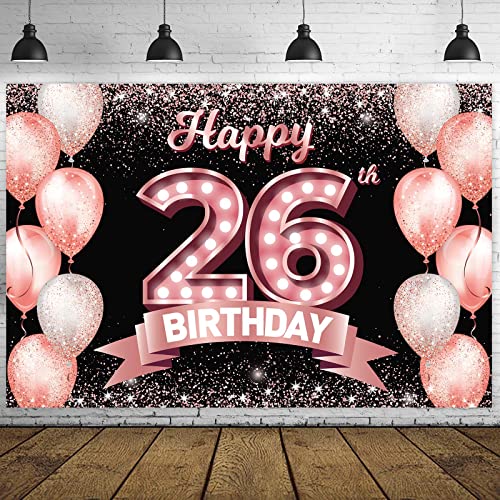 Happy 26th Birthday Rose Gold Banner Backdrop Cheers to 26 Years Old Confetti Balloons Theme Decor Decorations for Women 26 Years Old Pink Birthday Party Bday Supplies Background Favors Gift Glitter
