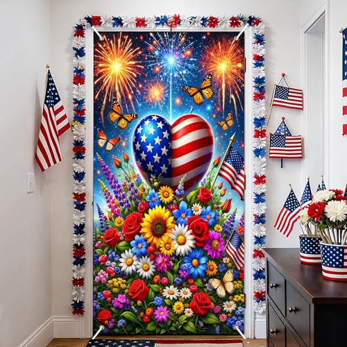 Image of BissYard Patriotic Door Cover 71 x 35 Inches 4th of July Door Banner American Flag Heart Fireworks Floral Independence Day Front Door Decoration Indoor Outdoor Porch USA Theme Decor