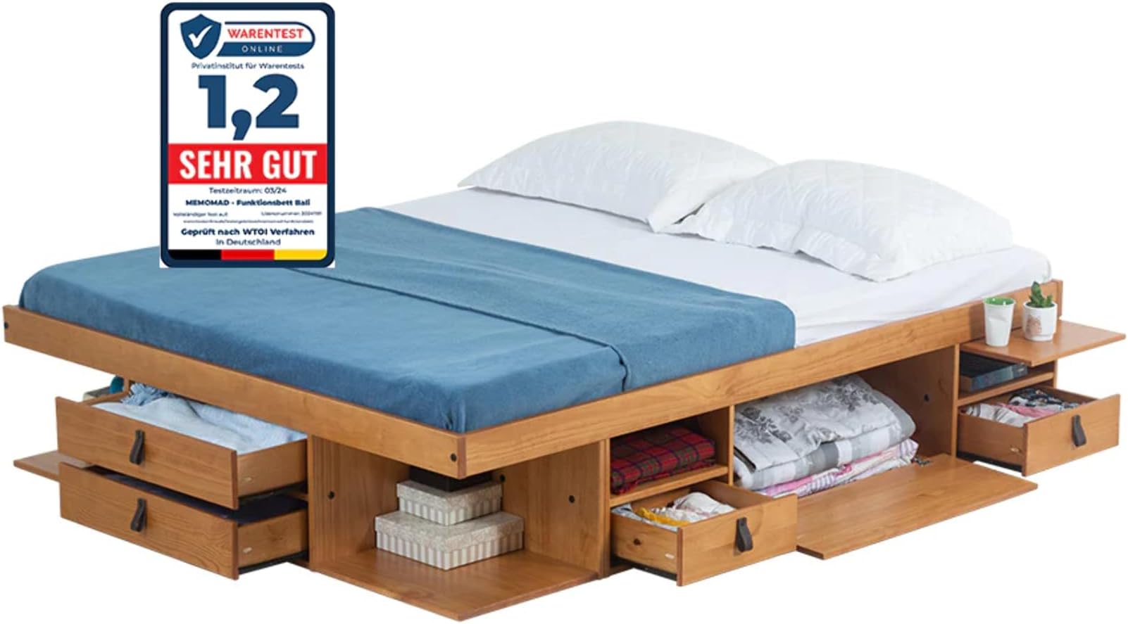Memomad Bali Oak Bed with Base 160 x 200 cm – Solid Wood Bed and Lots of Storage Space, Ideal for Small Bedrooms – Practical, Sturdy and Elegant
