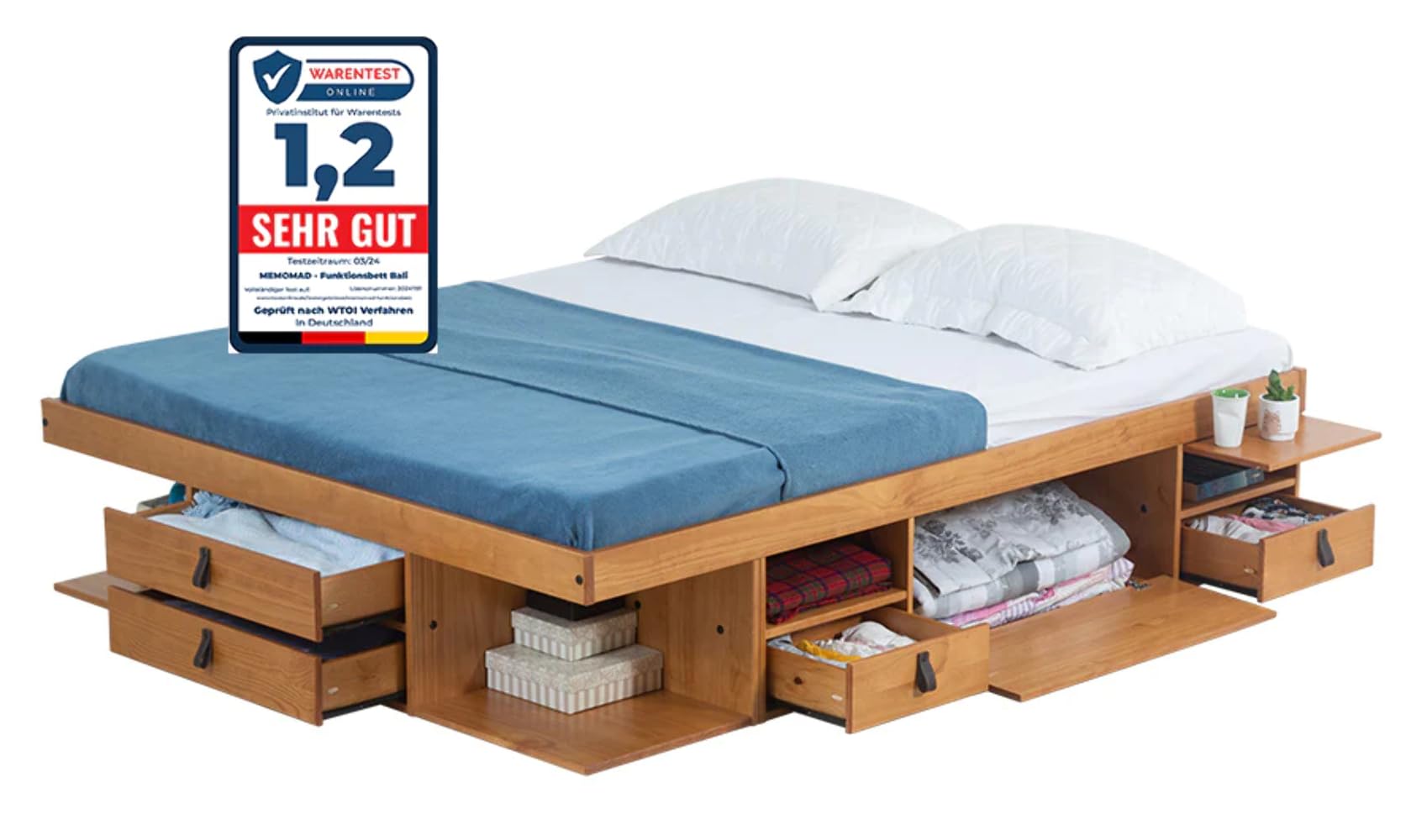 Memomad Bali Functional Bed Oak - Wardrobe Bed w/ Lots of Storage Space & Drawer, Ideal Small Bedrooms - Bed w/ Storage Made of Solid Pine Wood - Drawer Bed Slatted Frame, 160 x 200 cm (C4021164-136)
