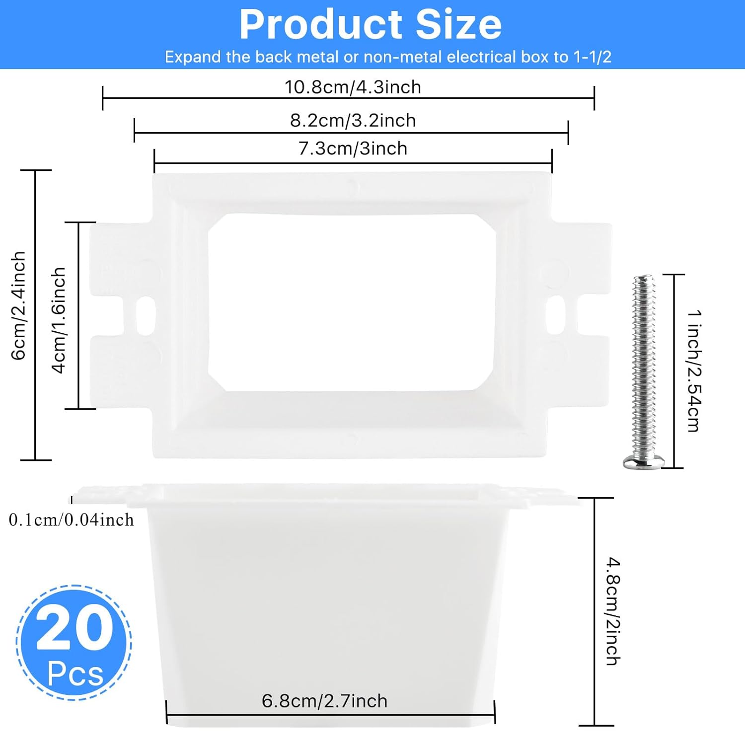 20 Pcs BE1-2 Electrical Outlet Box Extenders, 1-Gang Box Extender with 40 PCS Screws, Single Gang Box Extender, Heavy Duty Plastic 1 Gang Power Switch Receptacles Accessories, White