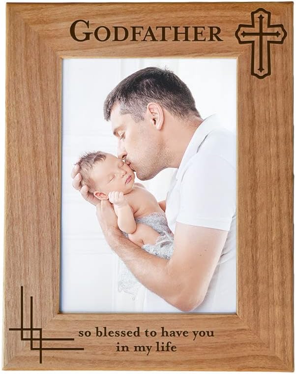 Godfather Gift from Godchild - Godfather with Cross Picture Frame, Engraved Natural Wood Picture Frame, Baptism Gifts, Religious Catholic, Thank You Presents, Fits 4x6 Horizontal Portrait
