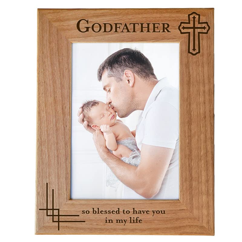 Godfather Gift from Godchild - Godfather with Cross Picture Frame, Engraved Natural Wood Picture Frame, Baptism Gifts, Religious Catholic, Thank You