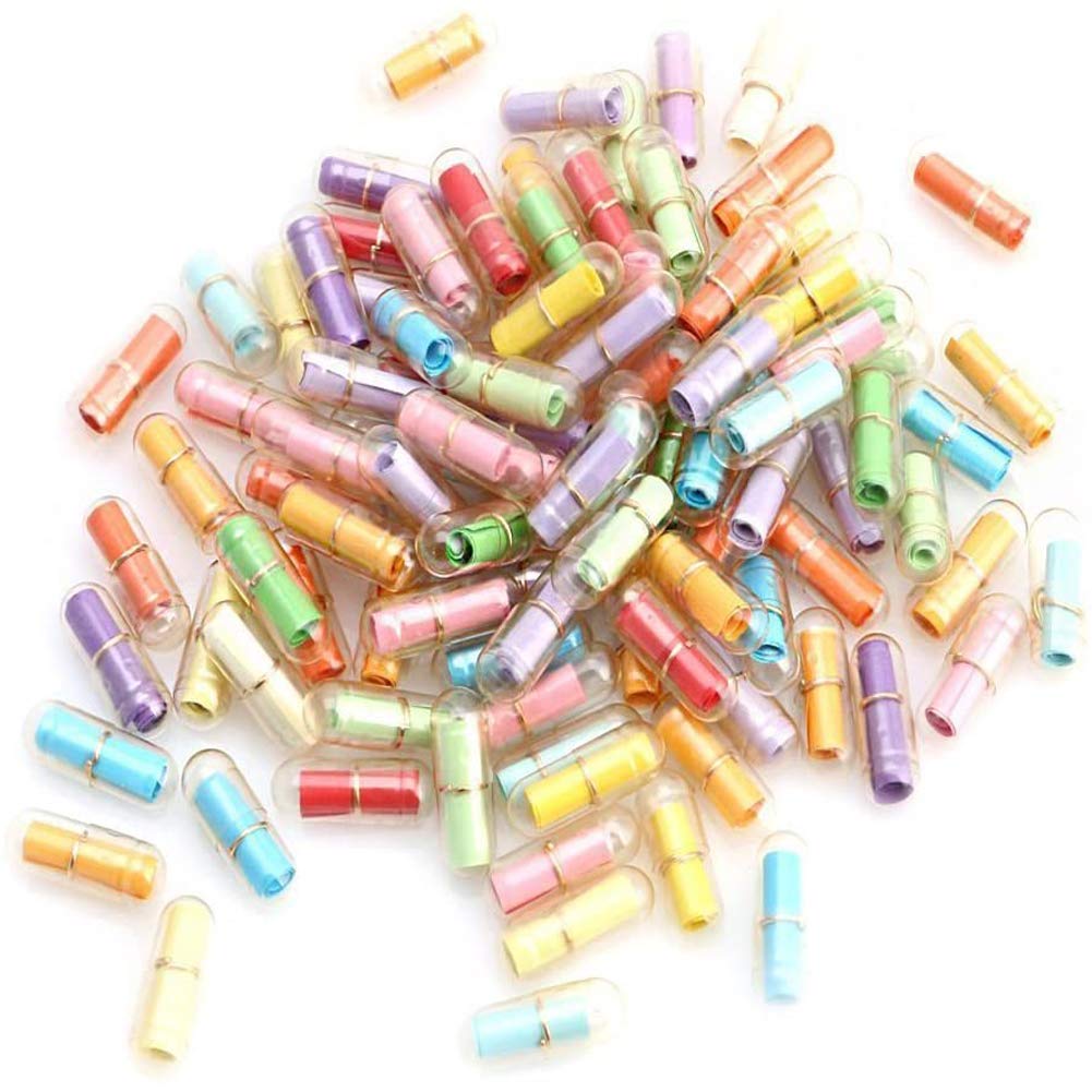 esowemsn 50pcs Colorful Clear Pill Shaped Plastic Message Bottles Lovely Cute Mini Capsule Message in a Bottle Paper Roll Friendship Gift Birthday Present Wedding Party Decoration