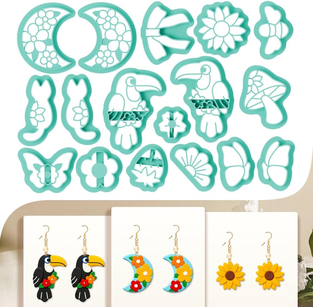 17Pcs Flower Bird Polymer Clay Cutters for Earrings Making Floral Cat Butterfly Bird Moon Clay Molds DIY Jewelry Tools