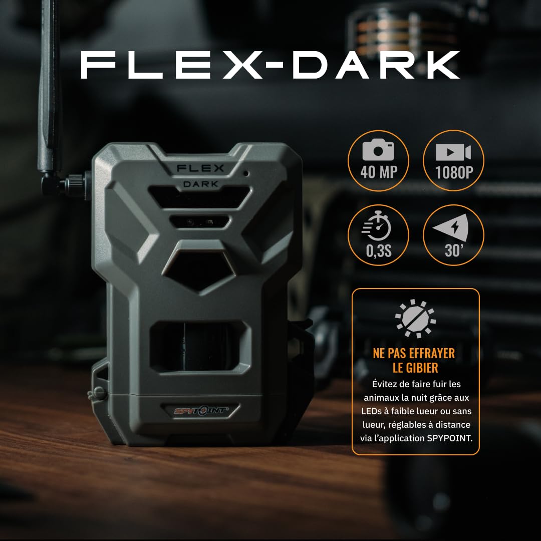 SPYPOINT Flex-Dark Caméra de Chasse cellulaire 40MP, vidéo 1080p avec Son, Vision Nocturne sans Lueur, détection 30 m, sans Wi-FI, Infrarouge Invisible, pour Sentier et gibier | SIM préactivée, 8 piles AA requises, Sangle incluse, Détection 30m, Compatibl