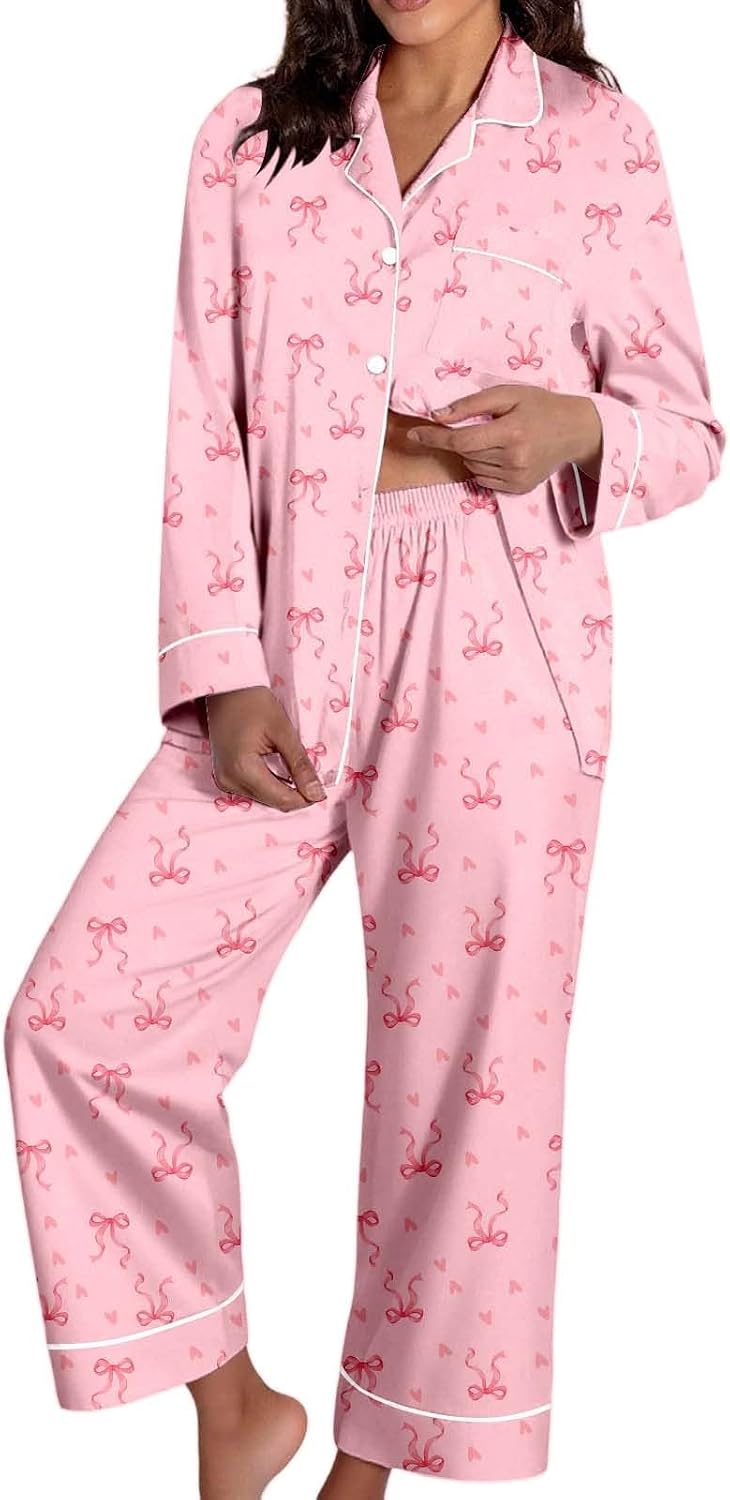 Women Pajama Sets,Pajamas Women Long Sleeve Cute Print 2 Piece Pants Pjs | Women'S Button-Up Pajama Sets Button Down Two Piece Shirt With Pants Fall Winter Comfortable Clothing Women Pajama Sets Pink